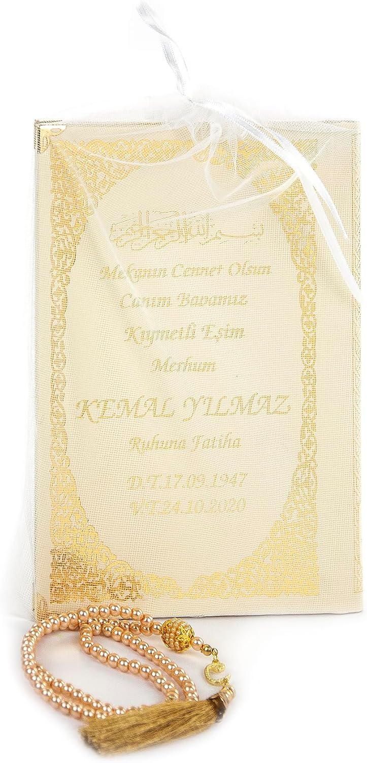 50 ADET - İsim Baskılı Ciltli Yasin Kitabı - Orta Boy - İnci Tesbihli - Tül Keseli - Krem Renk