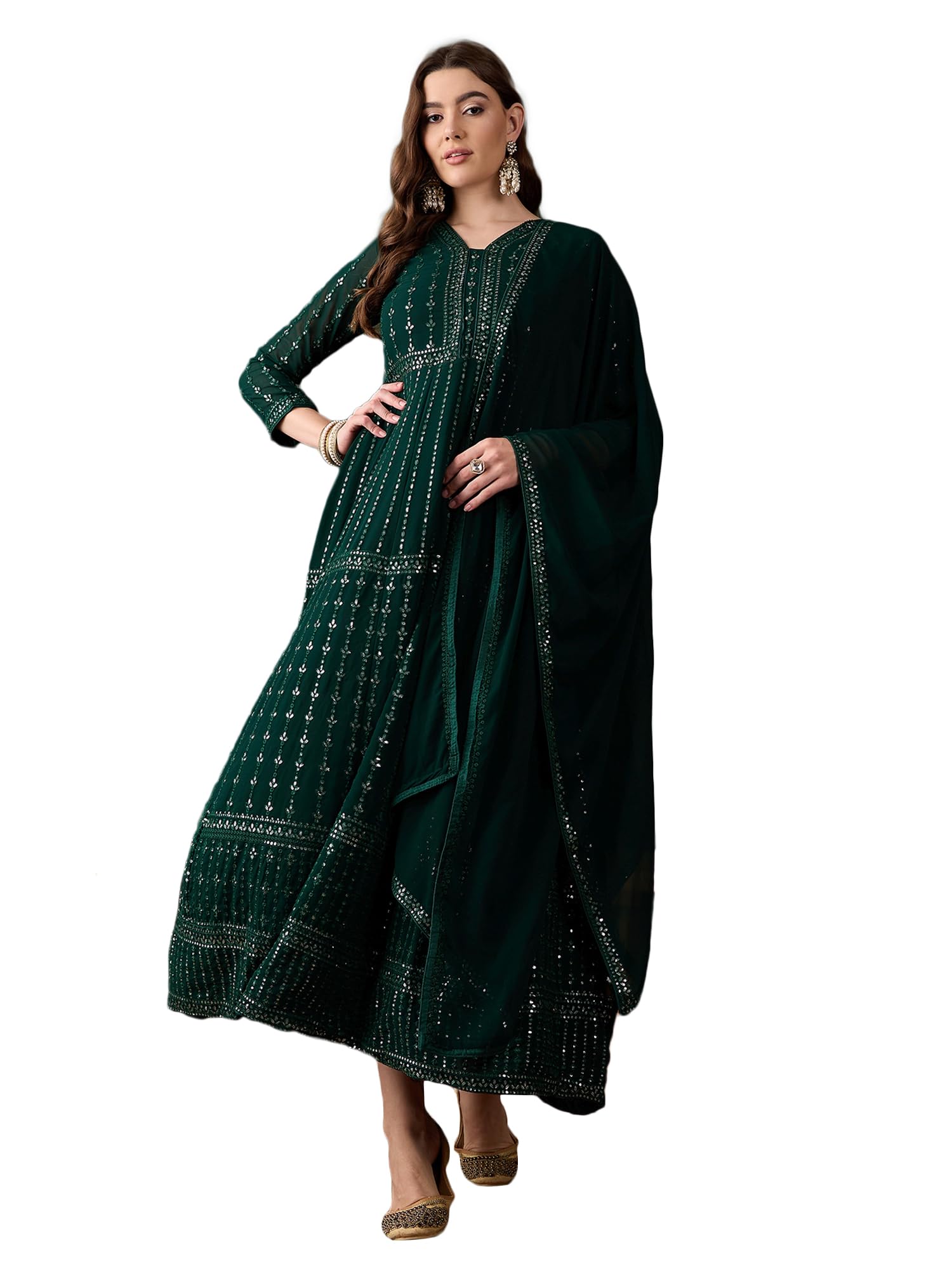 Women's Green Faux Georgette Stitched Top With Unstitched Santoon Bottom and Faux Georgette Dupatta Full Sleeve Embroidered Anarkali Gown (MEY-1106-Green-XL)-image-37