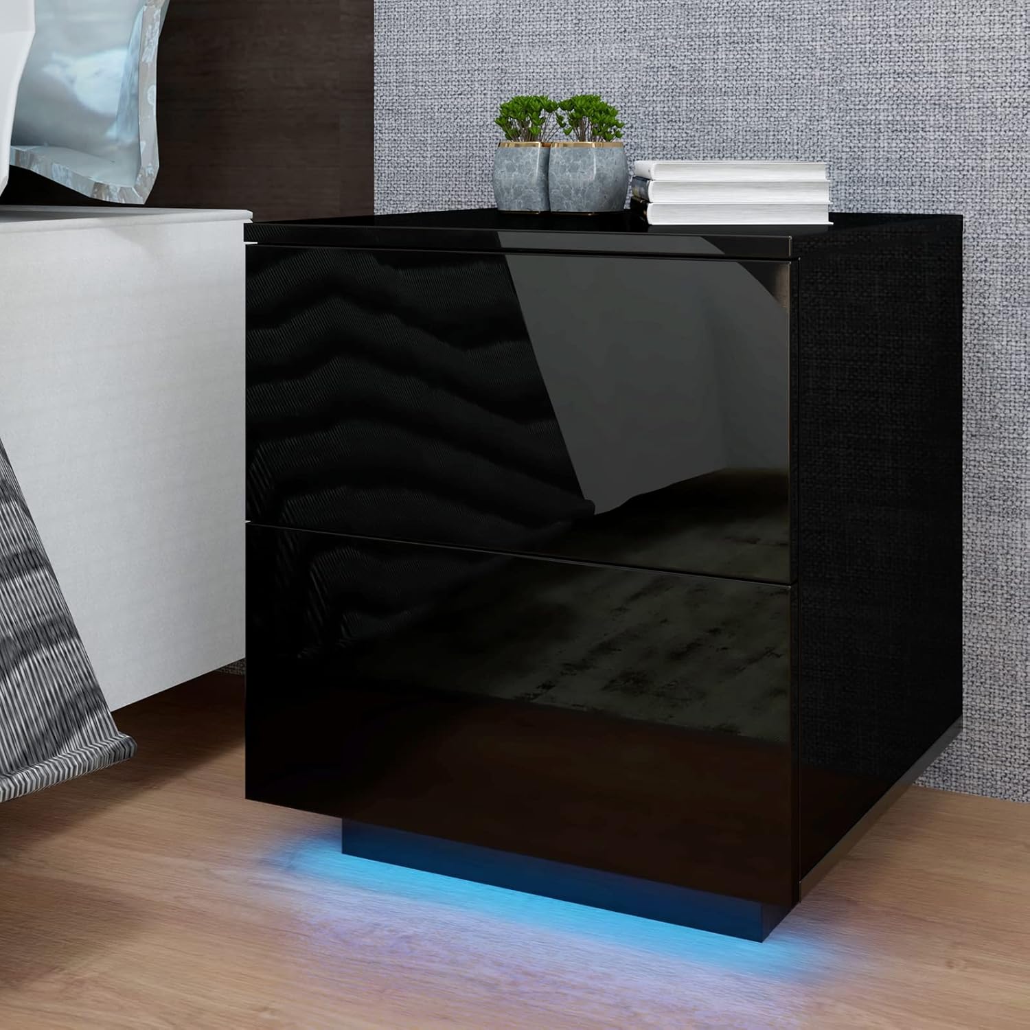 LED Nightstand with 2 Drawers, Black Night Stands with
