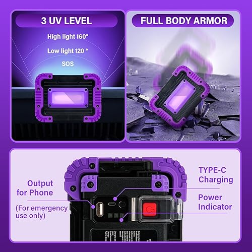 Miniatura 5 de GPRK Luz negra recargable, luz negra alimentada por batería, luz ultravioleta inalámbrica de 395 nm para fiesta de neón brillante, Halloween,