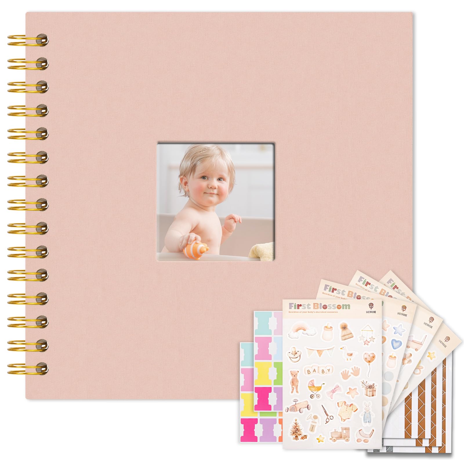 Vienrose Baby Scrapbook Album 20.5x20.5 cm with Window Silk Fabric Cover Acid-Free Pages Personalised DIY Photos Scrapbooking for Baby Memory Book, First Year Keepsake Journal Gift Boy Girl, Pink