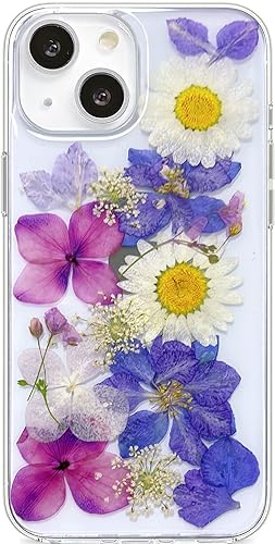 Miniatura 31 de Abbery Funda transparente para iPhone 13 con diseño de margaritas moradas, lindo brillo suave de goma de poliuretano termoplástico, secado real