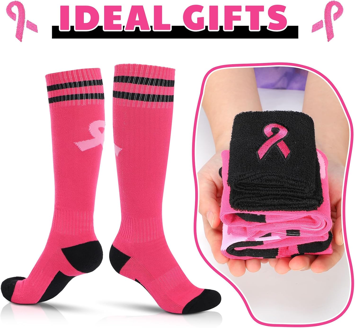 Liitrsh 16 Pcs Breast Cancer Awareness Socks Pink Ribbon Socks and Wristbands Set for Youth Football Athletic Accessories(Ribbon)