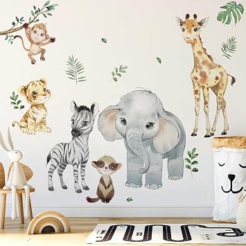 Runtoo Safari Animals Wall Decals Elephant Giraffe Monkey Jungle Wall Stickers for Kids Room Baby Nursery Wall Decor   