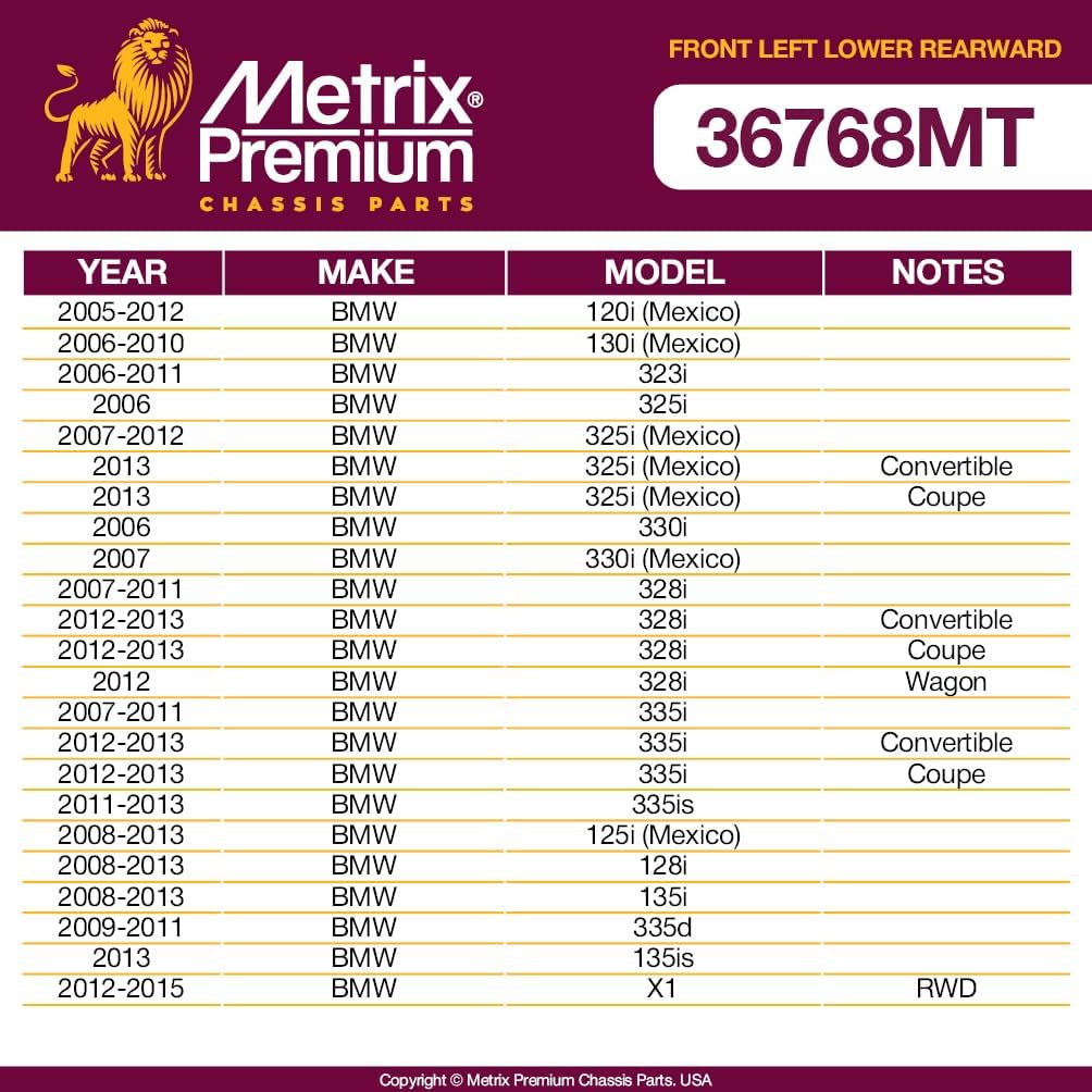 Metrix Premium Chassis Parts - Front Left Lower Rearward Control Arm w Ball Joint & Bushing Assembly Fits 05-12 BMW 120i (Mexico), 06-10 130i (Mexico), 06-11 323i, 06 325i, RK620129, Made in Europe