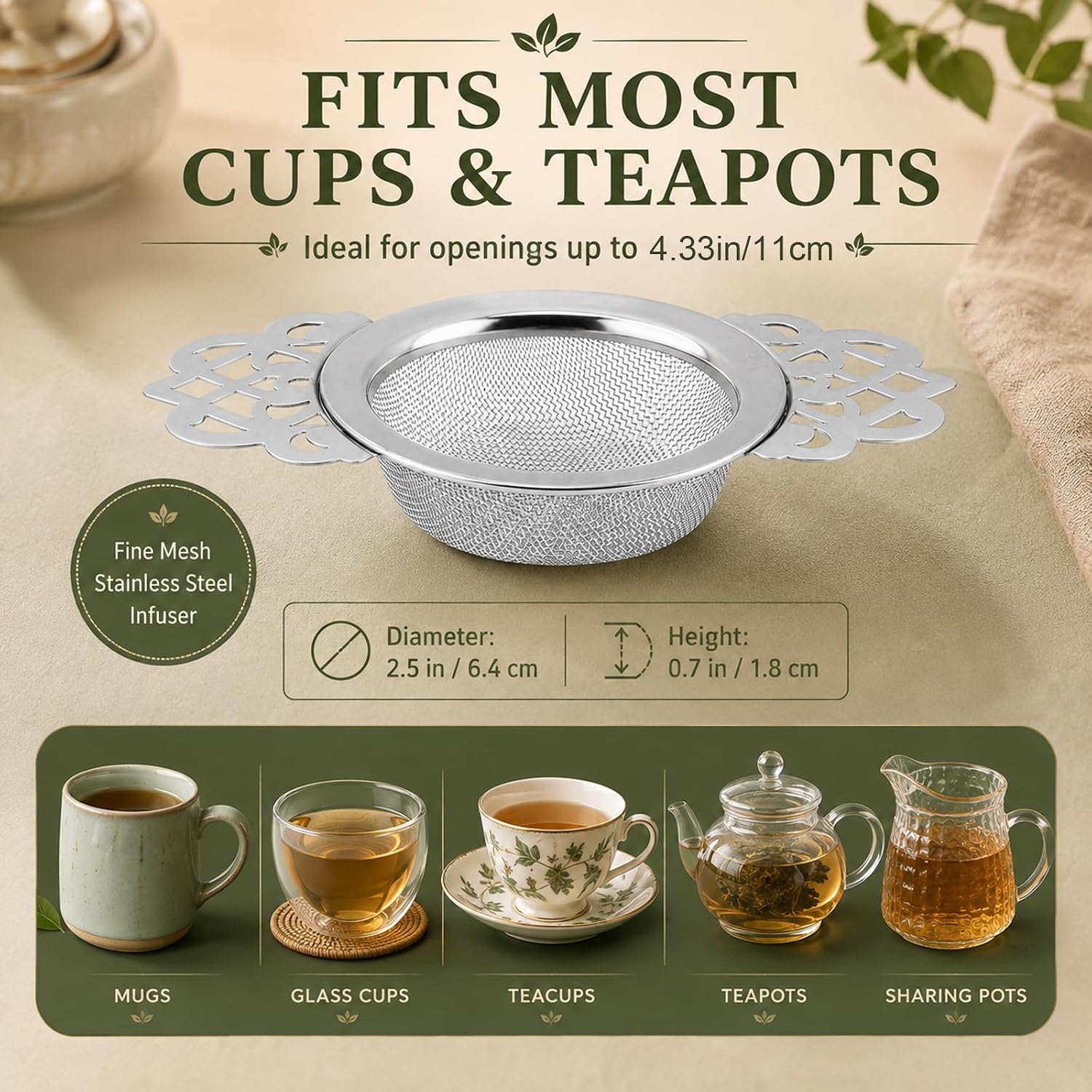 2 Pack Fine Mesh Tea Strainers with Bowls, Stainless Steel Loose Tea Infuser Strainers for 2.5-4 Inch Cup Mouth, Filters with Double Wing Handle Extender Ideal for Loose Tea Juice Coffee Filter