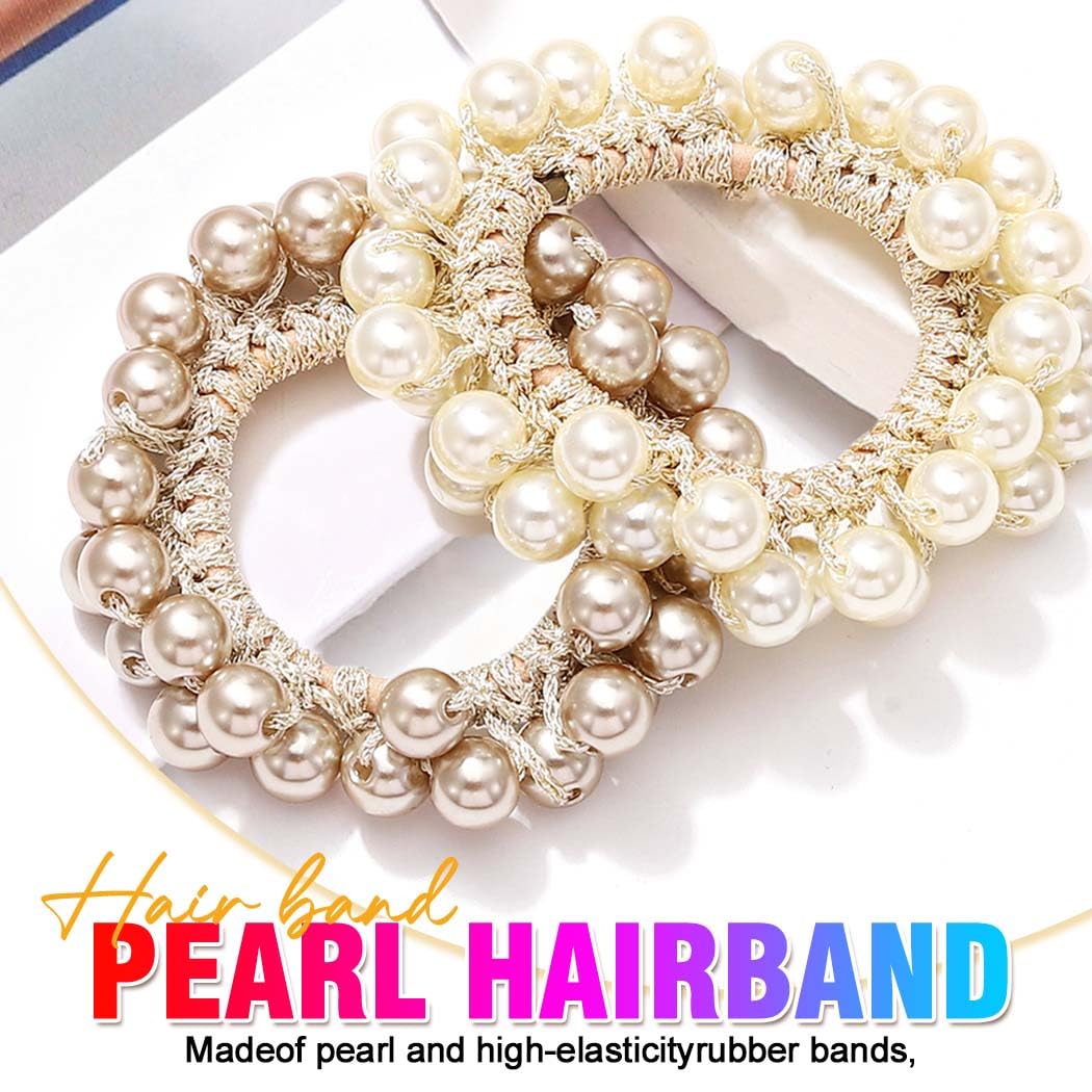 Fashey Pearl Hair Tie Beaded Hair Scrunchies Fancy Ponytail Holder Pearl Hair Accessories for Women (Beige)