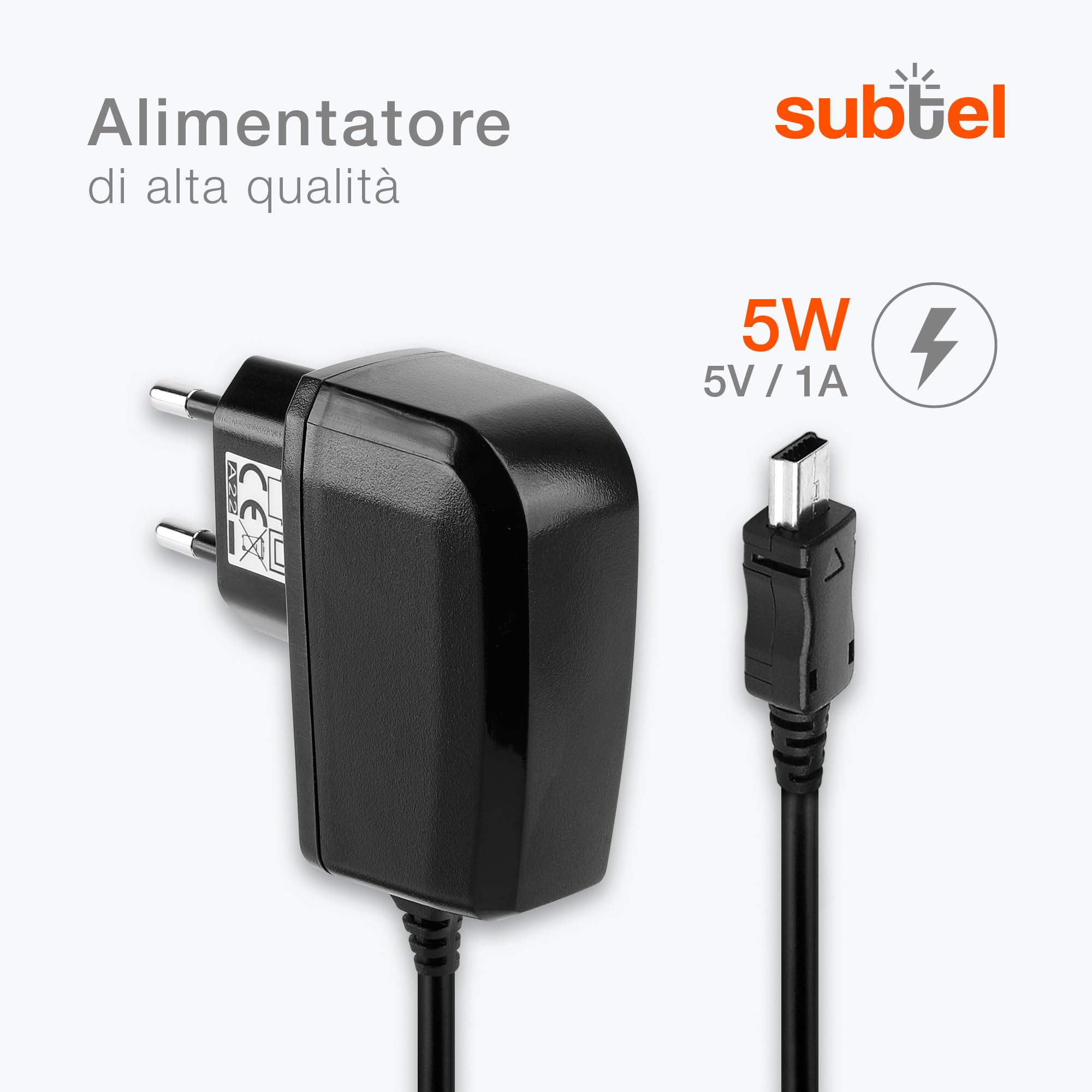 Caricatore Mini USB Subtel Per Navigatori GPS - 5V/1A Compatibile Garmin | Adattatore Di Ricambio