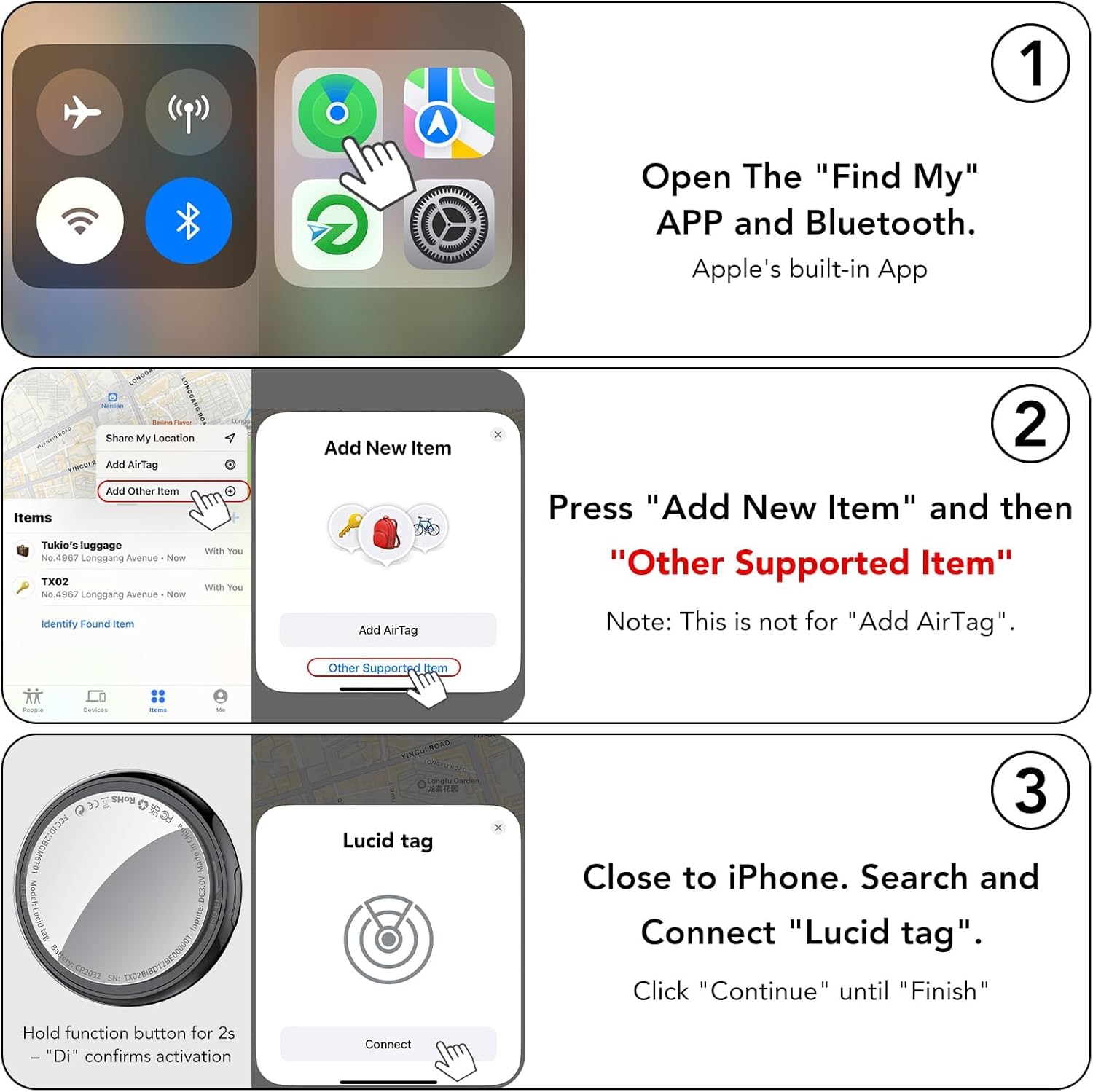 Three-step diagram showing how to connect the Tukio Tracker Tag TX02 to the Apple Find My app on an iPhone.