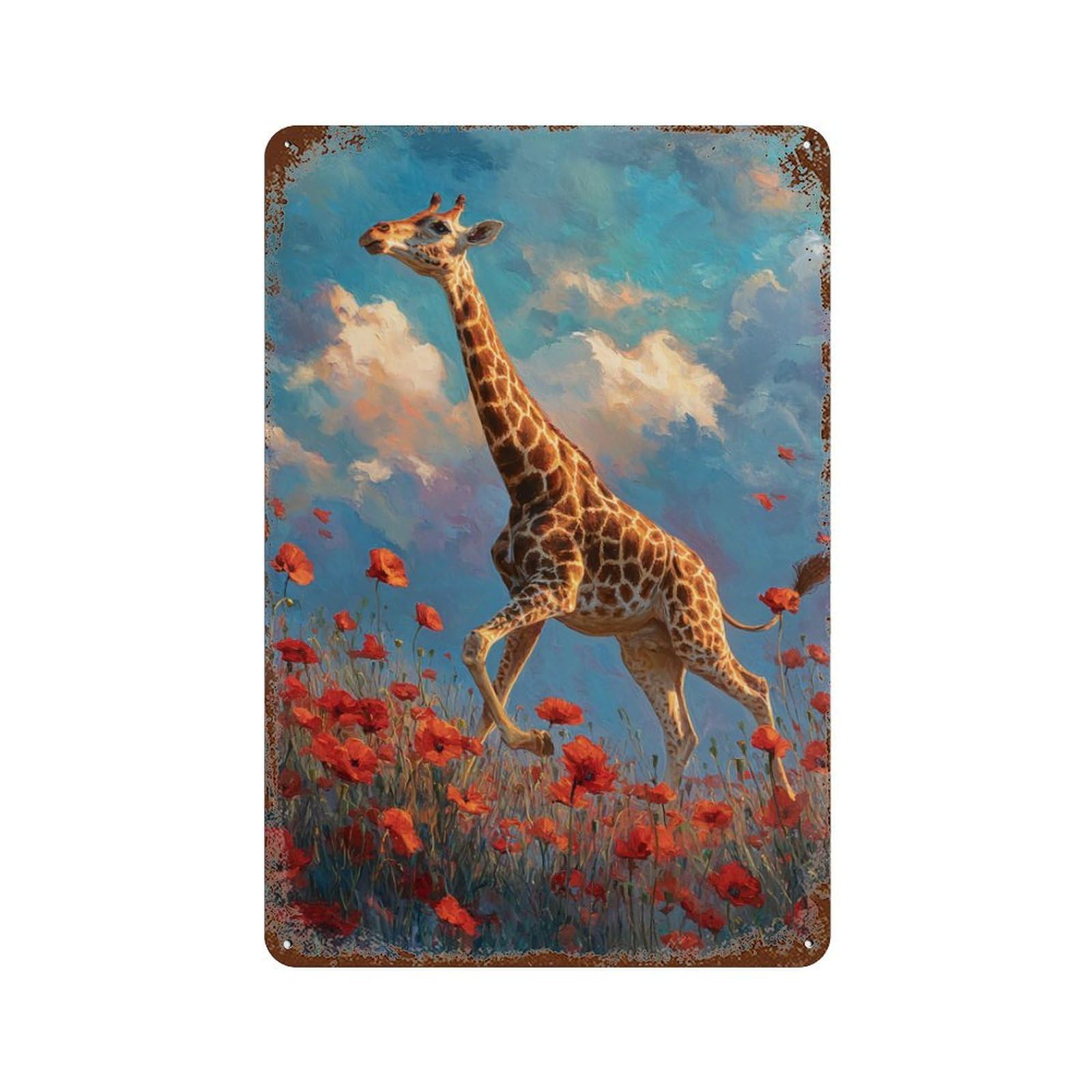 Giraffe in Poppy Field-1 Rustic Tin Plaque 11.8"x7.9", for Pub, Kitchen And Man Cave Decor, Vintage Wall Decor