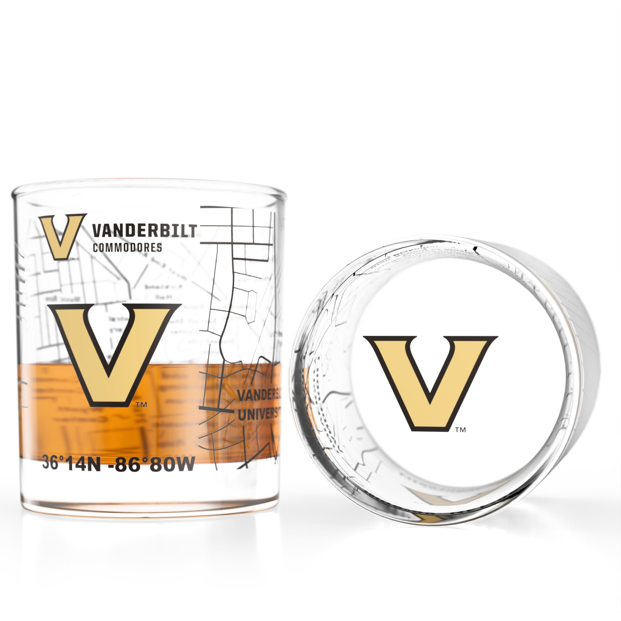 Greenline Goods Vanderbilt University Commodores Whiskey Glasses Set of 2, 10 oz Rocks Glasses with Full-Color Logo &amp; Campus Map – Officially Licensed Bourbon Glass Gift for Alumni &amp; Fans