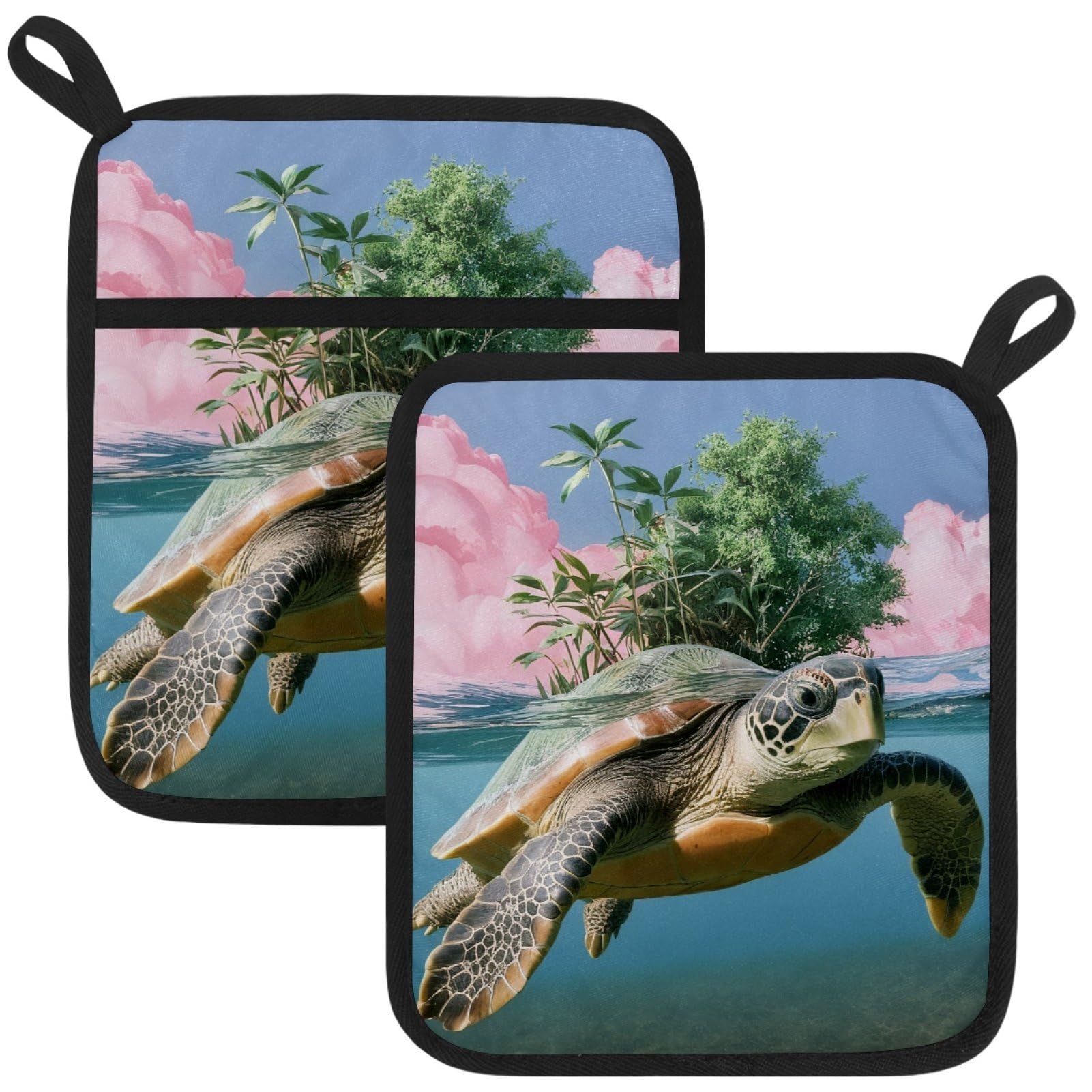 VAPOKF Ocean Turtle Heat Resistant Pot Holders, Thick Pot Holders Pad with Hanging Loop for Kitchen, Oven Cloth Pads for Kitchen Baking Microwave Oven