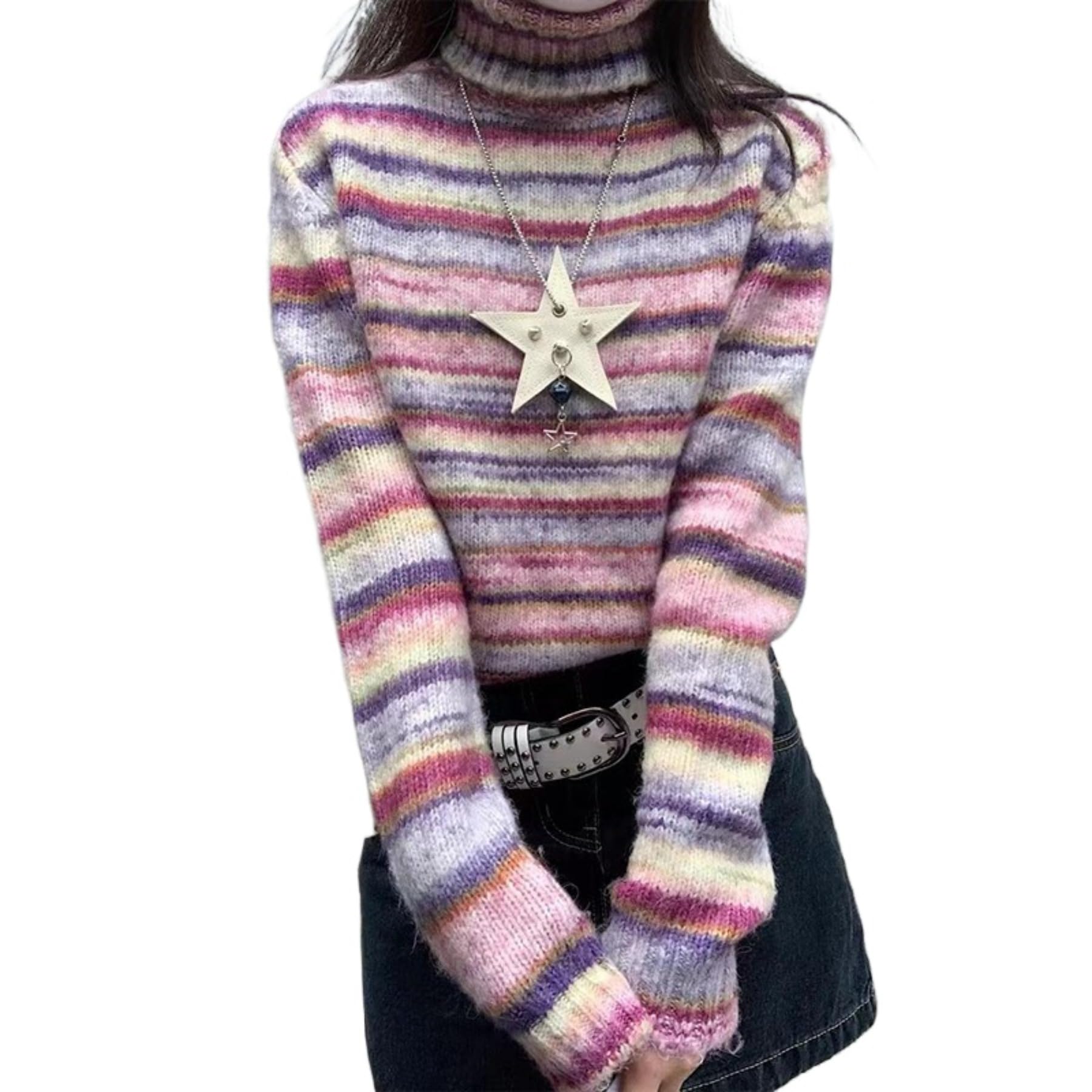 Y2k Striped Vintage Turtleneck Sweater Colorful Knit Pullover Winter Long Sleeve Casual Top