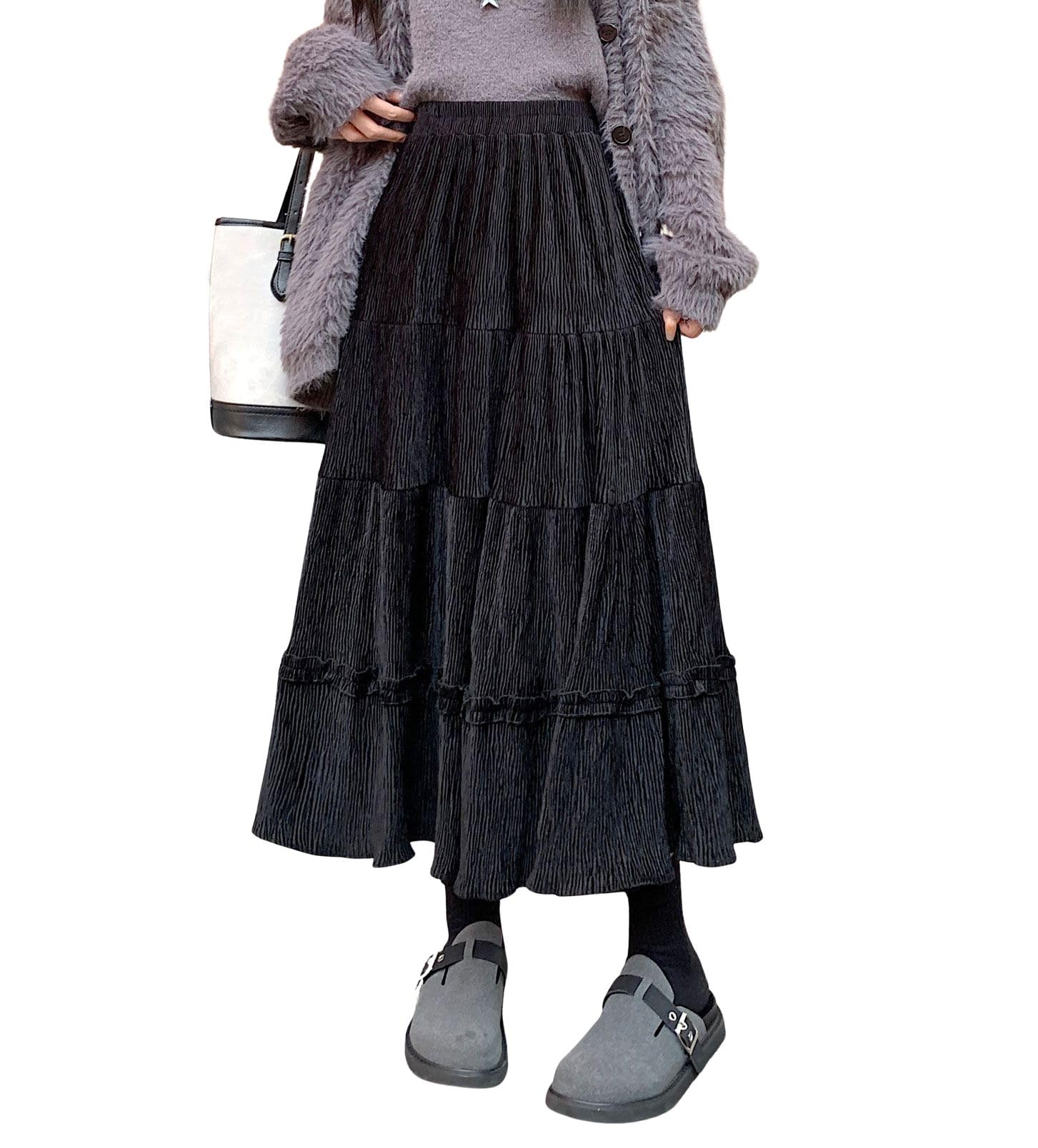 chouyatou Womens Vintage Corduroy Ruffle Skirt High Elastic Waist Swing Pleated A-Line Midi Long Skirt