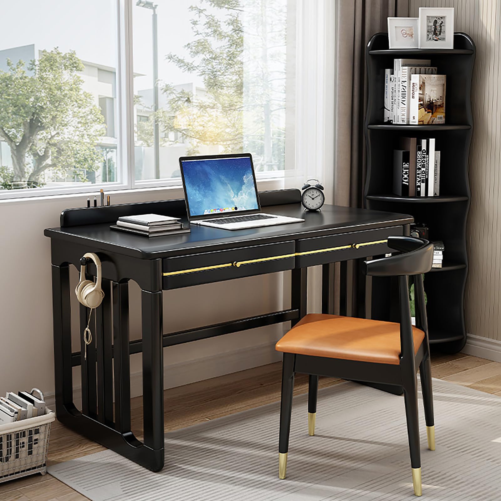 Amazon | 机、引き出し2つとフック付きの無垢材コンピューター