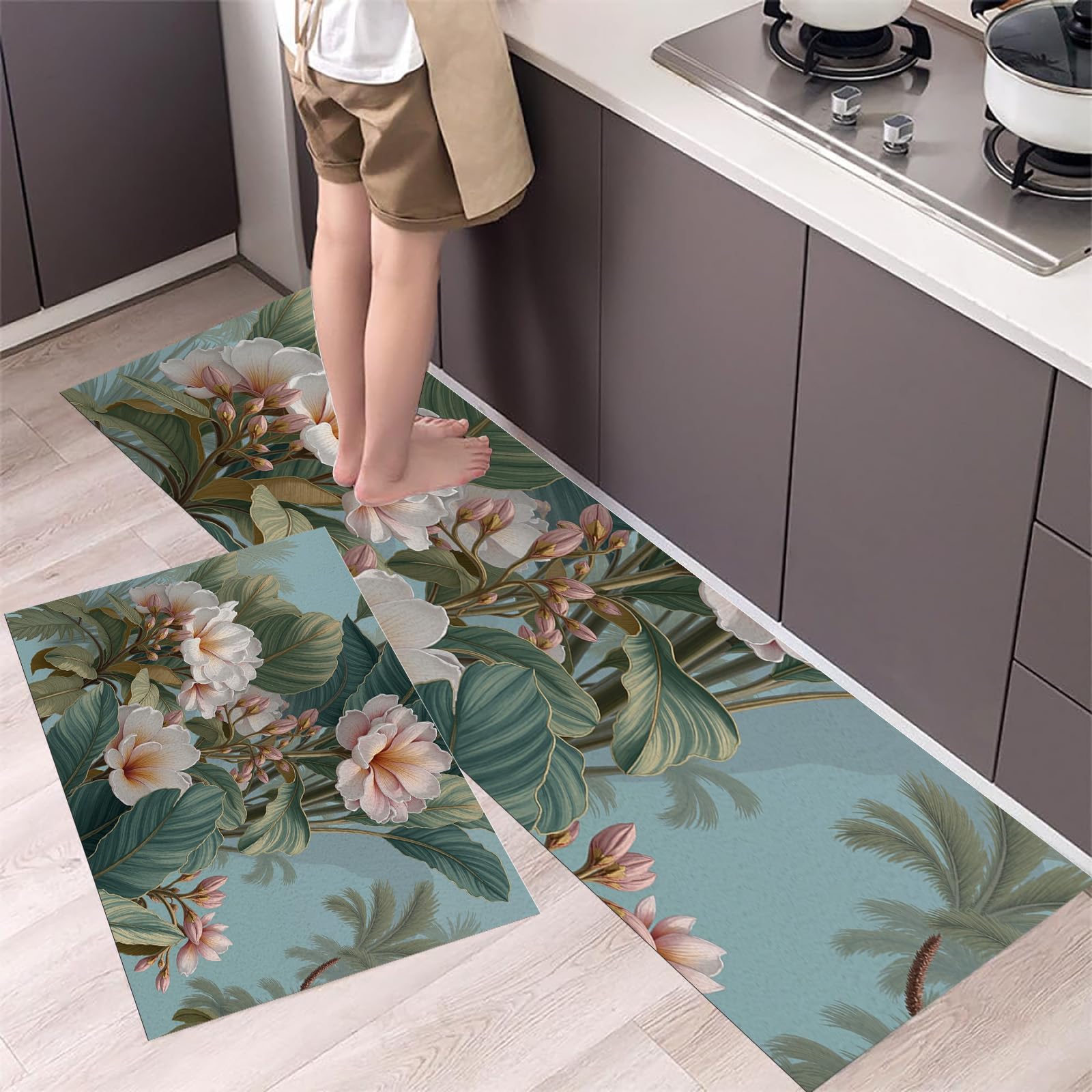 Juego de 2 alfombras antideslizantes de plantas verdes, 50x80 y 50x120 cm, color verde oliva