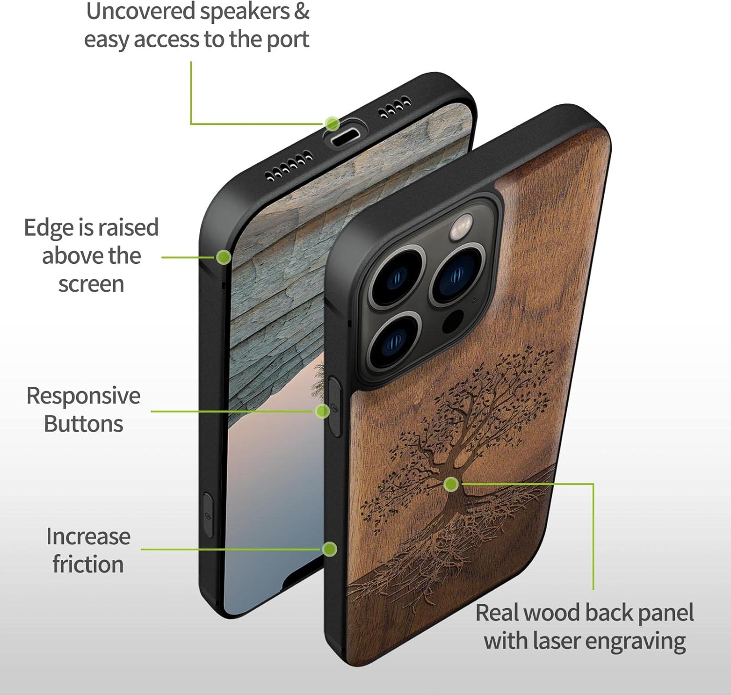 Carveit Magnetic Wood Case for iPhone 13 Pro Max [Hard Real Wood & Black Soft TPU] Unique & Classy Wooden Shockproof Protective Cover Compatible with MagSafe (Tree with Roots -Walnut)