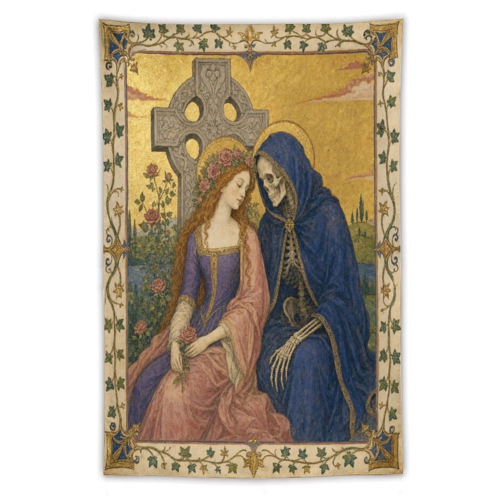 H3B8U2Y5 Woman and Skeleton Wall Tapestry, Gothic Oil, Memento Mori