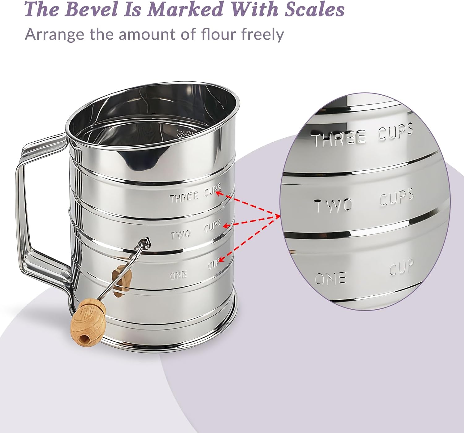 3-Cup Flour Sifter, Stainless Steel Rotary Sifter with Ring Stirrer for Quick Sieving, Ideal for Baking and Kitchen Use - Silver