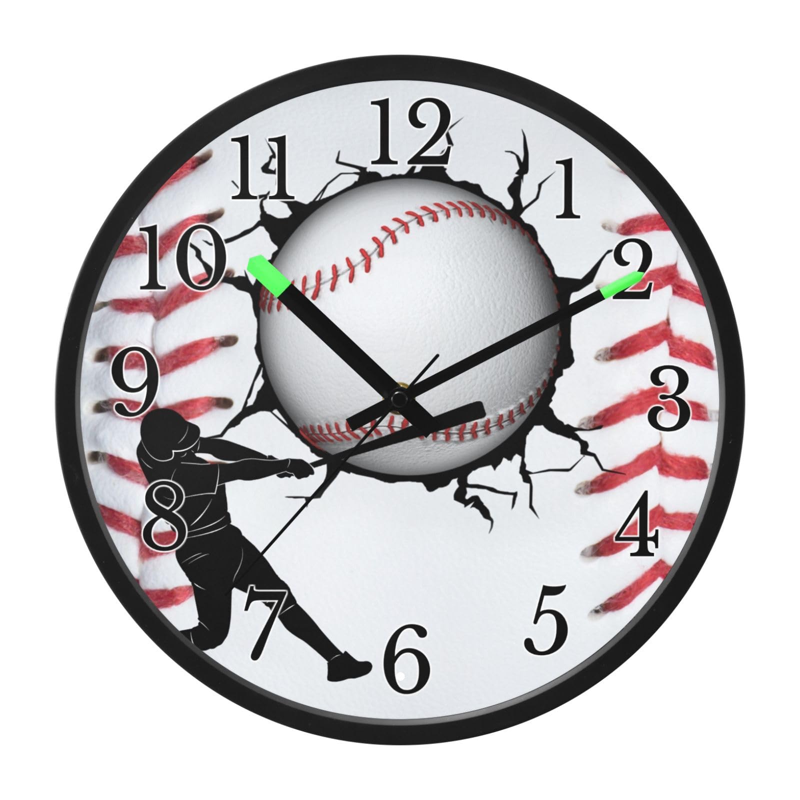 Mnsruu Reloj de pared luminoso para tenis, sóftbol, béisbol, dormitorio, funciona con pilas, silencioso, brilla en la oscuridad, para sala de estar, cocina, 12 pulgadas