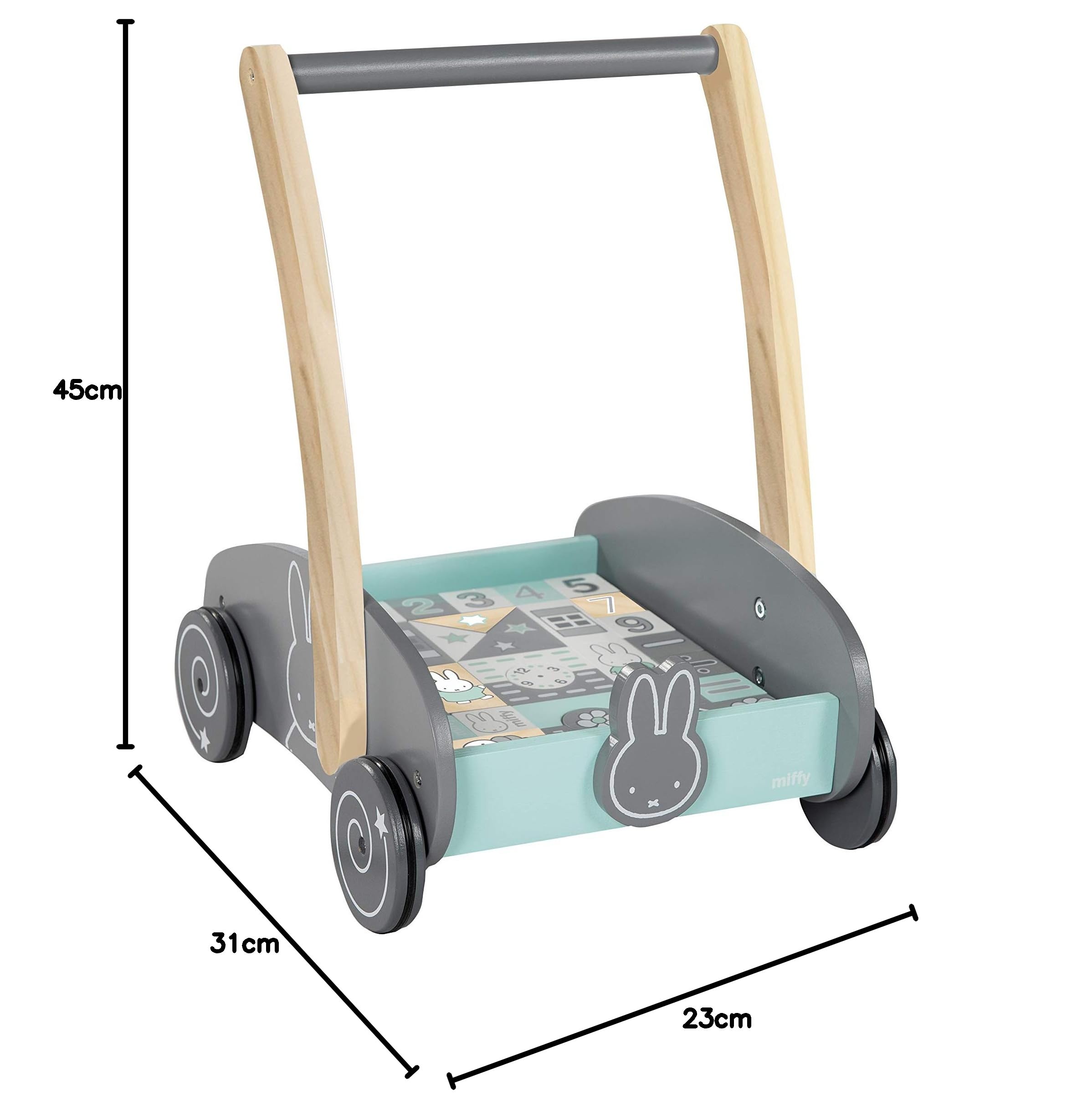 roba Schiebewagen miffy mit 35-teiligem Bauklötze-Set, Holz natur und lackiert, Griffhöhe: 45cm, BxL: 23x31cm, als Puppenwagen nutzbar