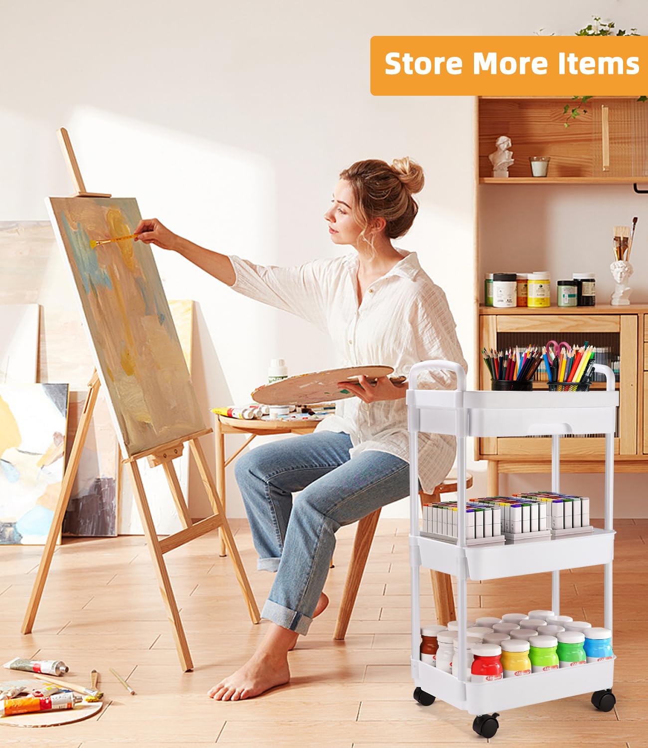 Carrello con Ruote Portatutto Cucina con Cassetto, Carrello Portaoggetti Multifunzionale con Maniglia, Gancio, Ruote Bloccabili, Carrellino per auto di Facile Montaggio per Bagno, Bianco
