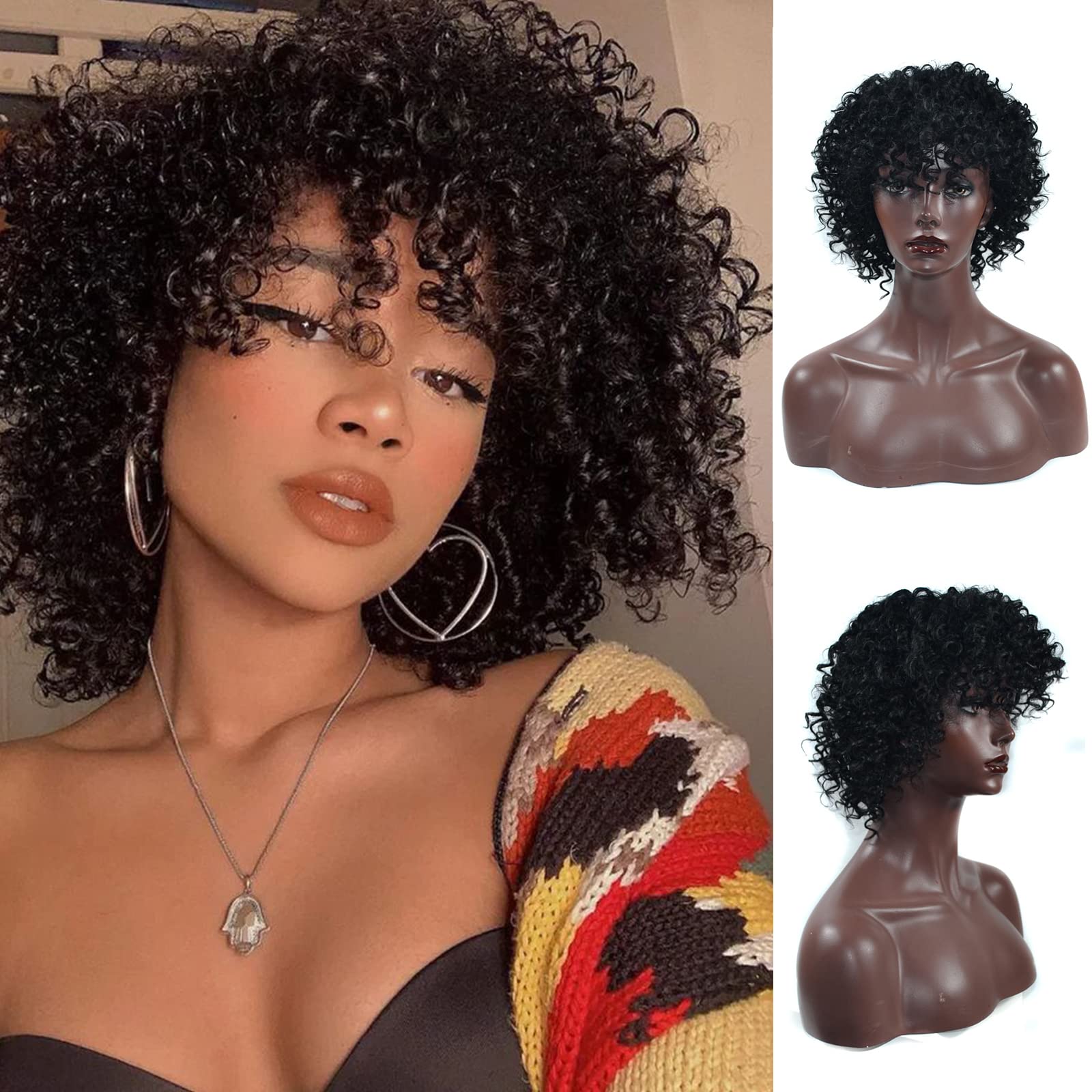 DOcute Short Loose Curly Wigs for Black Women, Soft Black Little Curly Wig with Bangs Short Afro Curly Wig Natural Black Synthetic Heat Resistant Wigs for Daily Use (Black)