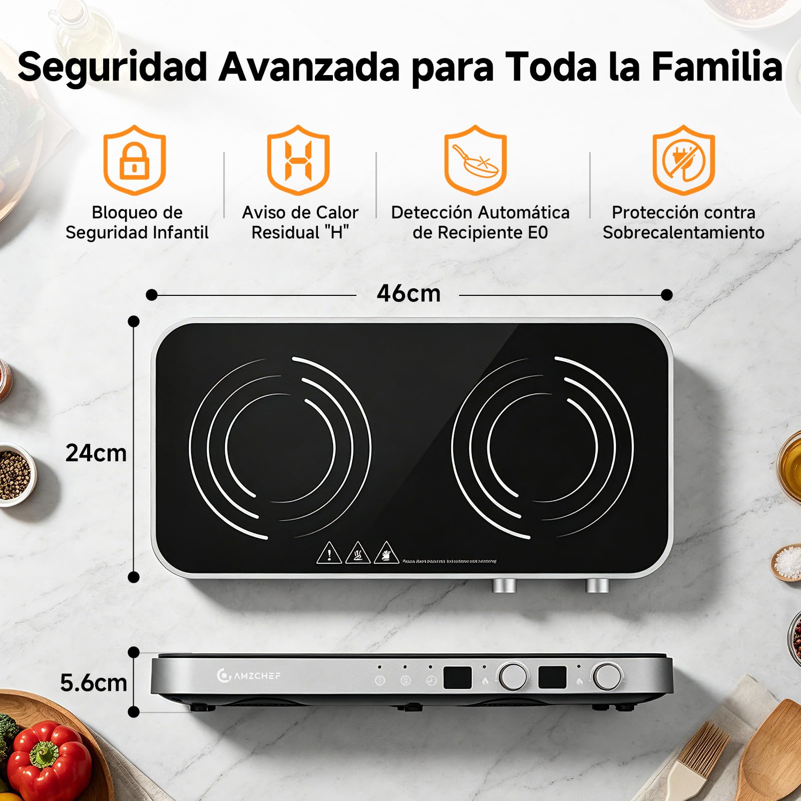 AMZCHEF 3000W Placa de Inducción Doble, Placa de Inducción 2 Fuegos Portátil con Plancha Grill Extraíble, 9 Niveles de Potencia/Temperatura, para Barbacoa Interior y Autocaravana, Gris Hierro