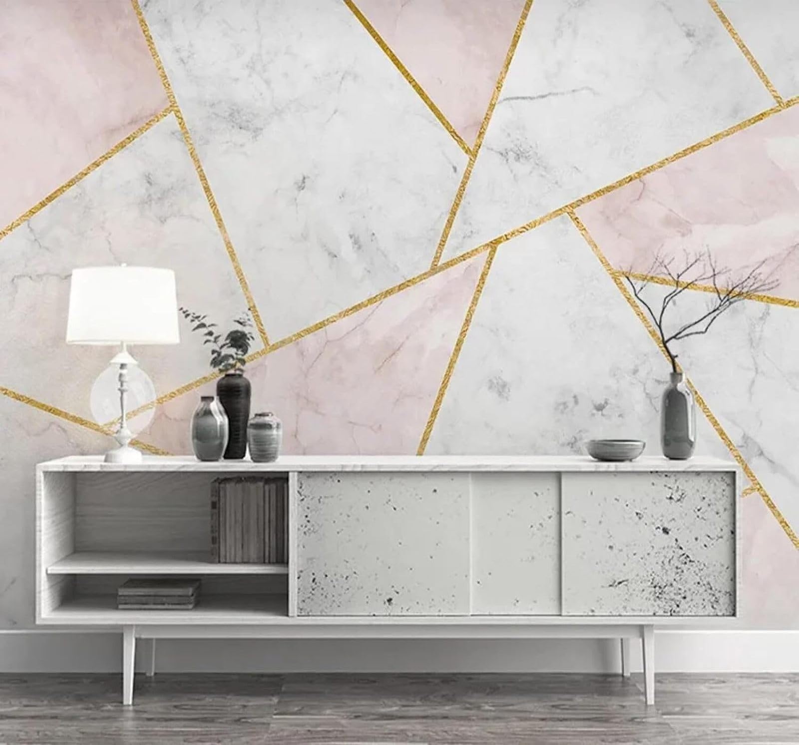 3D Carta Da Parati Astratto Rosa Geometrico Effetto Marmo Fili Dorati