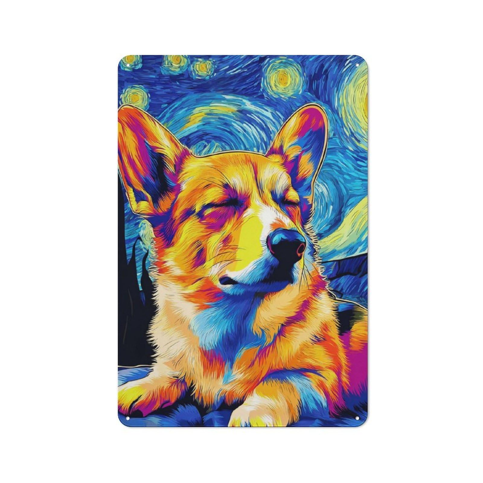 Junmoney Starry Night Corgi A Whimsical Artwork Tin Sign 30X20cm With For Workshop Wall, Rustic Decor, Suited To Workshop Decor Fans