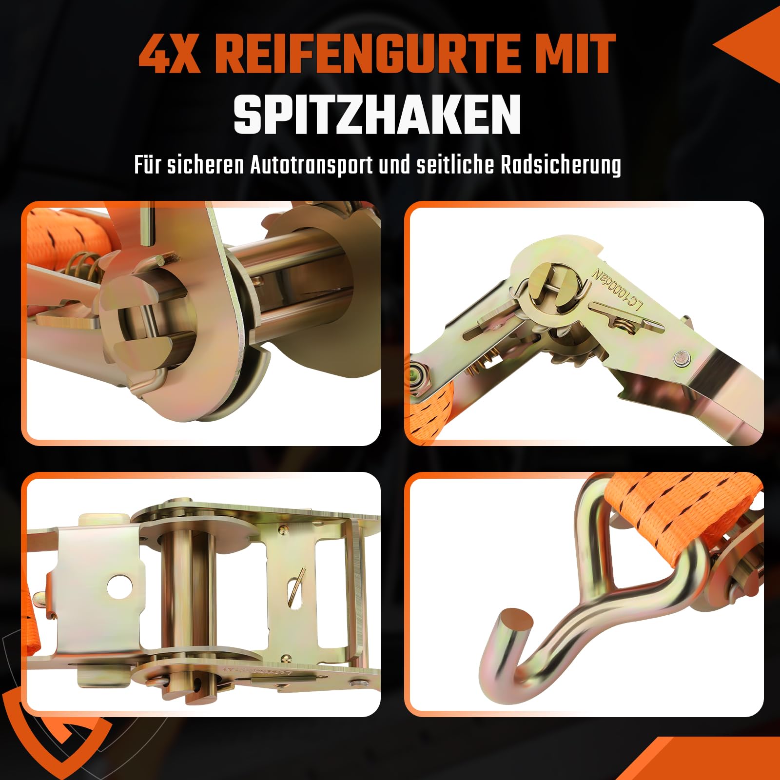 GEARMONSTER 4-częściowy pas mocujący do transportu samochodu, pas zabezpieczający koła, pas mocujący z haczykiem, 3 m, 35 mm