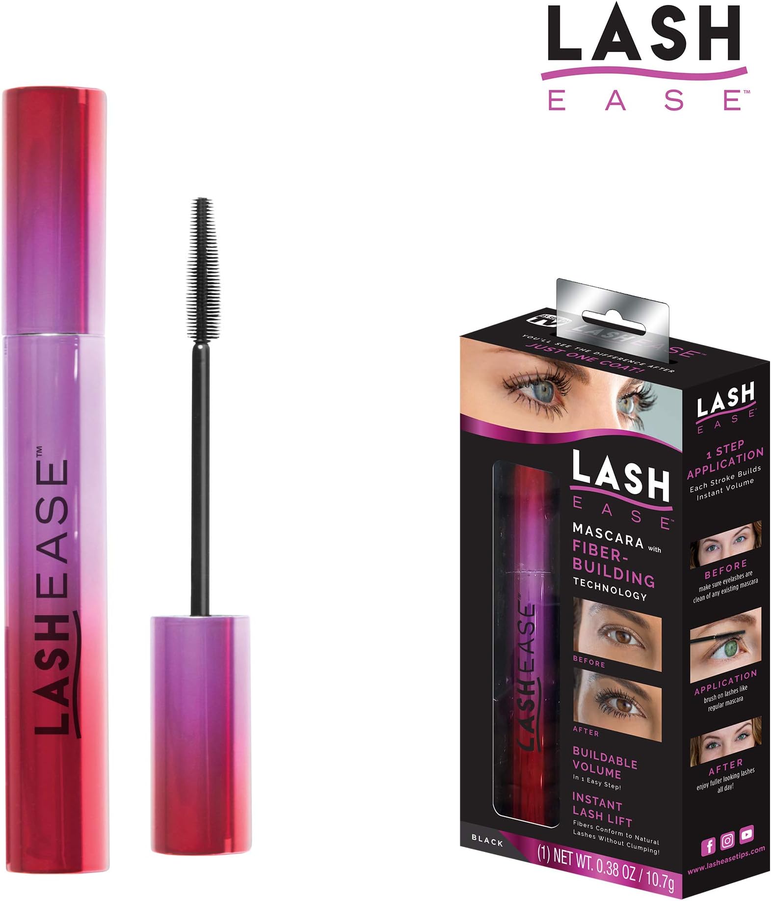 Lash Ease One Step Fiber Building Mascara- Black, Buildable Volume, Lengthens Natural Eyelashes, Lightweight, All Day Wear, 0.38oz