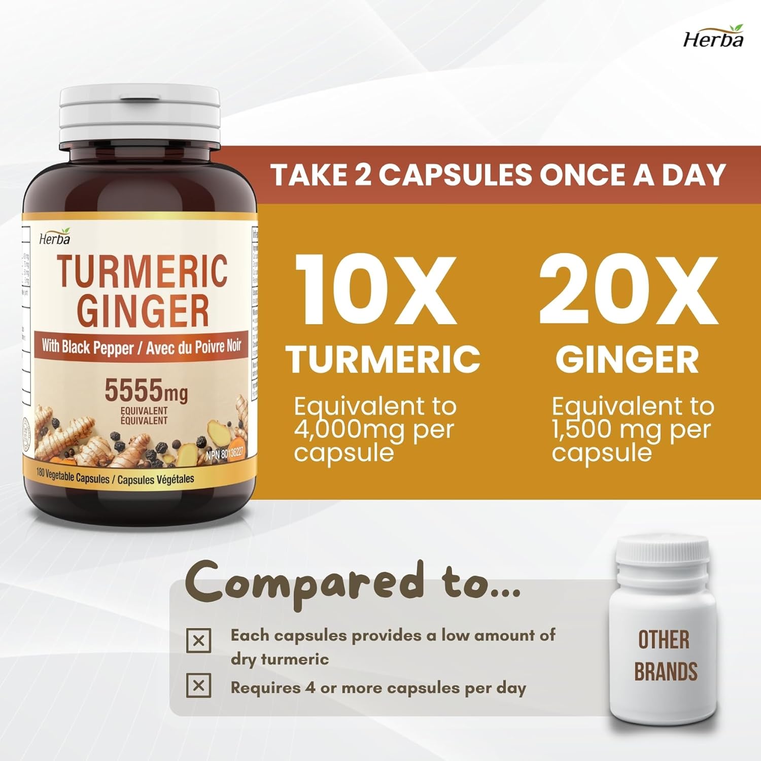 Herba Turmeric Supplements for Inflammation with Black Pepper and Ginger - 180 Capsules | 5,555mg Equiv. with 95% Turmeric Curcumin Supplements with Black Pepper | Joint Pain Relief | Made in Canada - Image 5