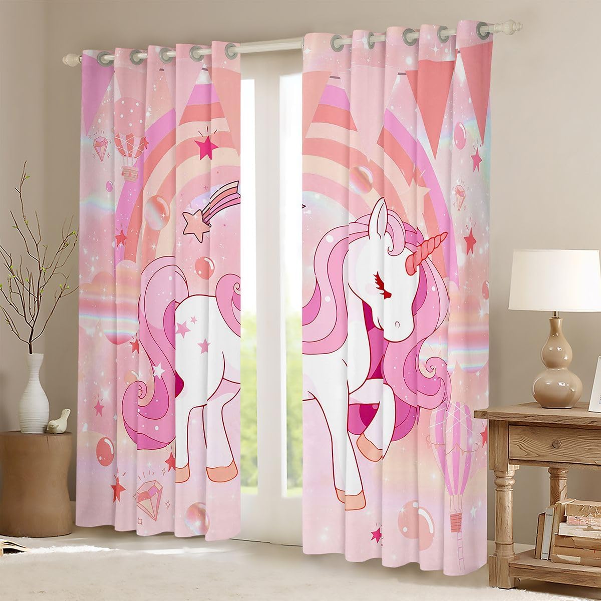 Erosebridal Unicorn Curtains for Girls Kawaii Rainbow Unicorn Curtains Drapes Unicorn Bedroom Decor for Girls Kids Cartoon Horse Darkening Curtains Ombre Unicorn Stars Window Treatments Pink 52"X84"