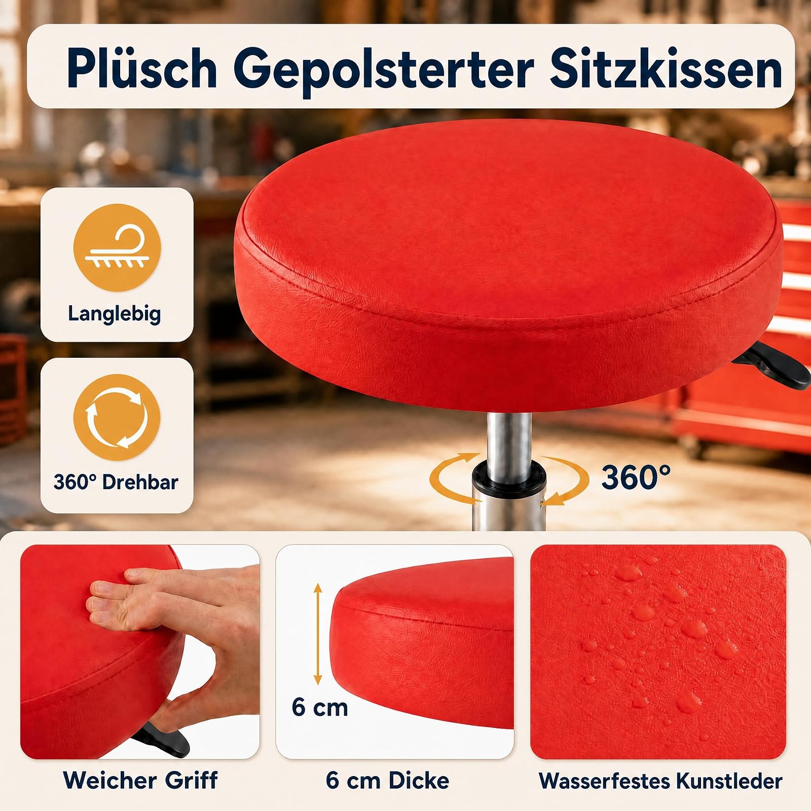 SOARS Werkstatthocker mit Rollen, höhenverstellbarer Rollhocker 150 kg