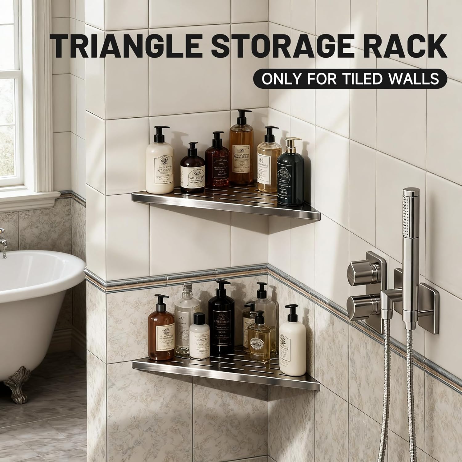 Corner Shower Shelves 10" Brushed Nickel, 2 Pack 304 Stainless Steel Shower Corner Shelf Recessed Slot Design, Wall Mount Triangle Shower Caddy for Bathroom, Kitchen Organization