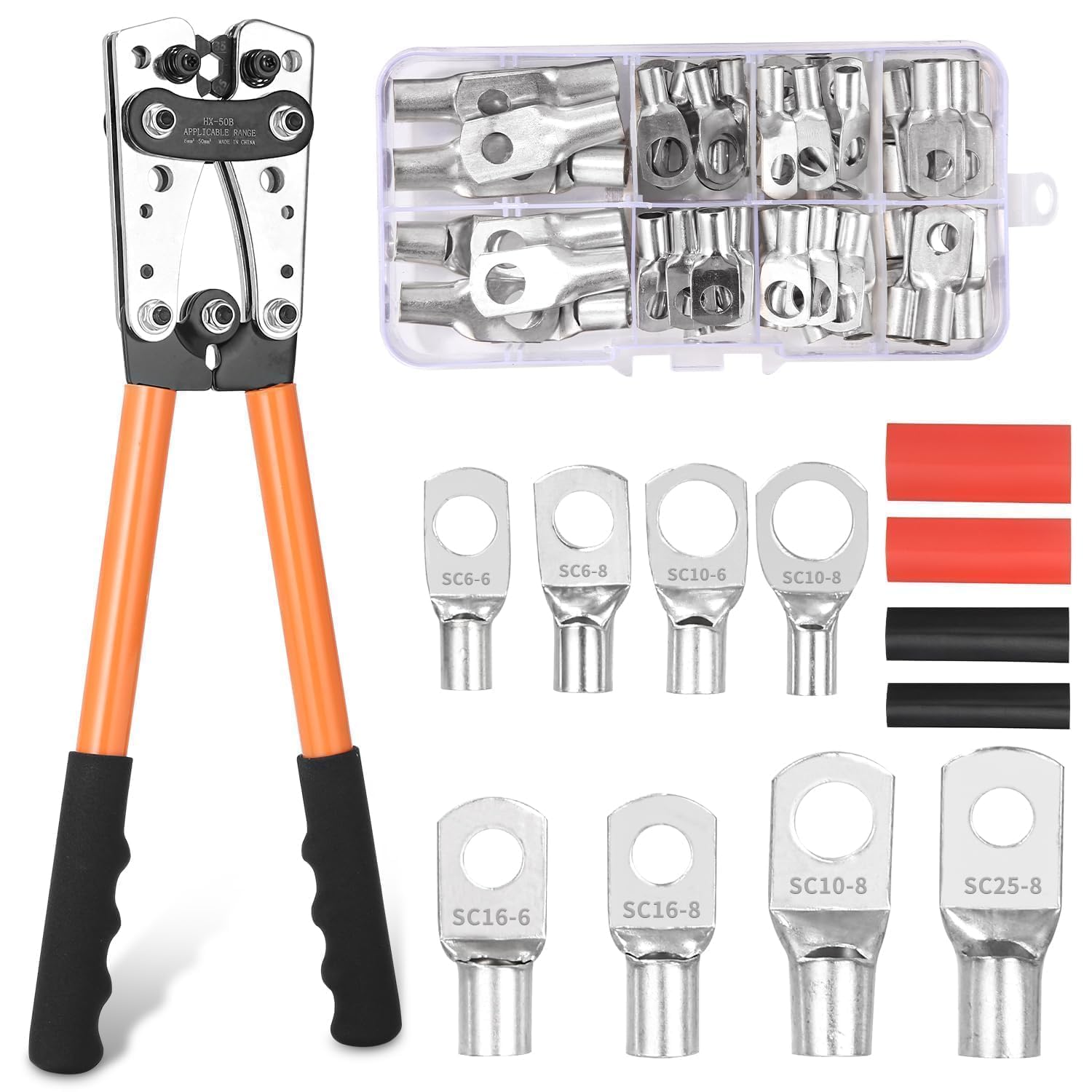 Pinza Crimpatrice, Pinza capicorda AWG 10-0, 6/10/16/25/35/50 mm²Crimpatrice Capicorda con 60 PCS terminali ad anello in rame + 60 PCS tubo termorestringente Potente pinza a crimpare