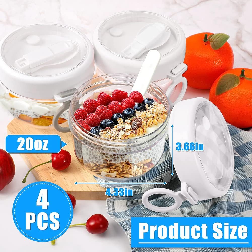 Overnight Oats - 4 contenitori per Cereali, con Coperchio, 600 ml / 20 oz, Bicchieri per Yogurt, contenitori per Avena, per Latte, Cereali, Yogurt,