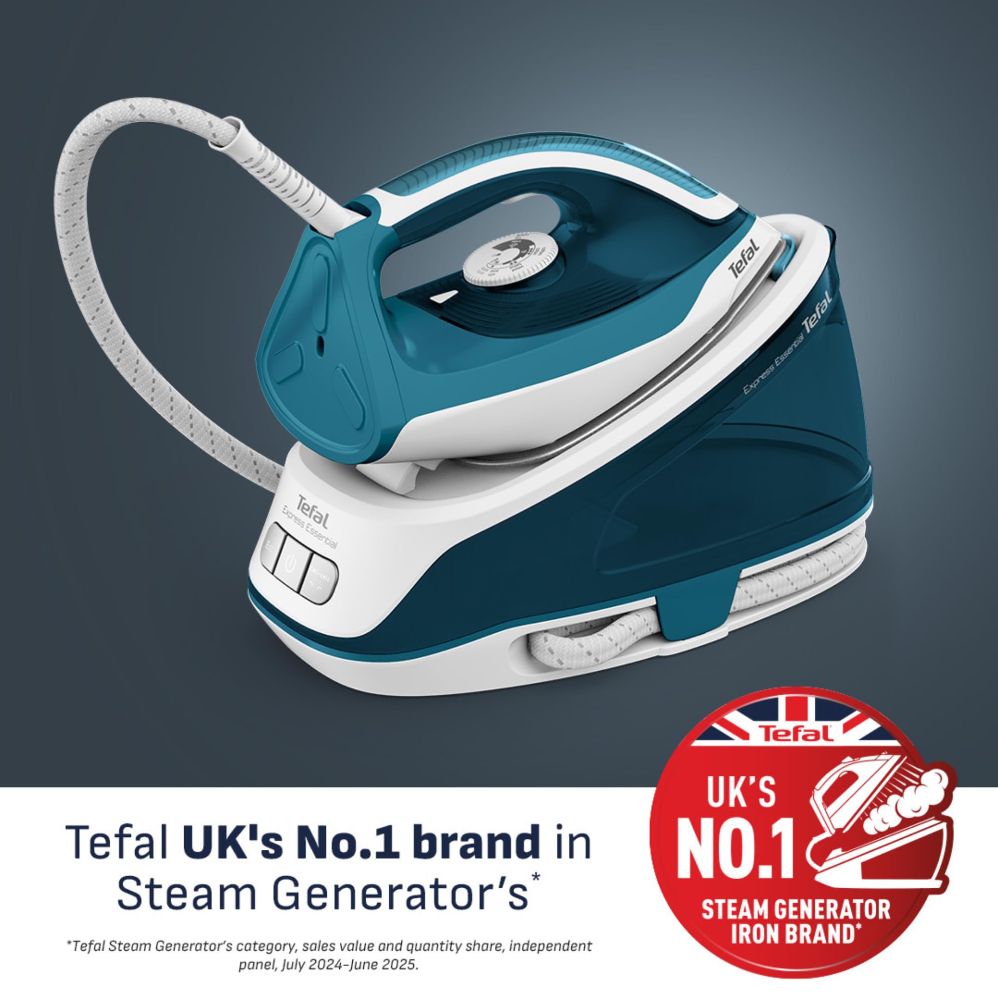 Tefal, Express Essential, ferro da stiro a vapore, uscita vapore 120 g/min, piastra Xpress Glide, flusso di vapore da 280 g/min, barre a 5,2 pompe, con sistema di risciacquo, bianco e blu, (SV6115)