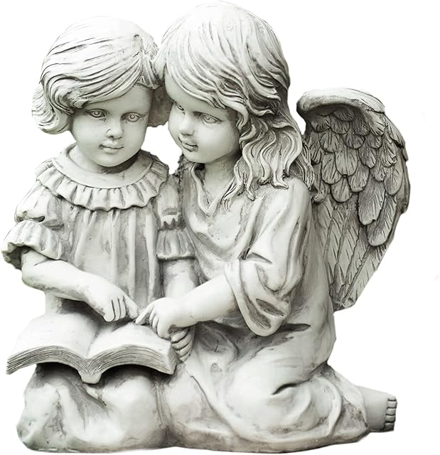 garden mile Alabaster White Stone Winged Angel Garden Ornaments Outdoor Cherub Statues with Book - Outdoor Fairy Large Garden Statues Angel Fairy Figures for Patio, Lawn, Garden Ornaments Decor