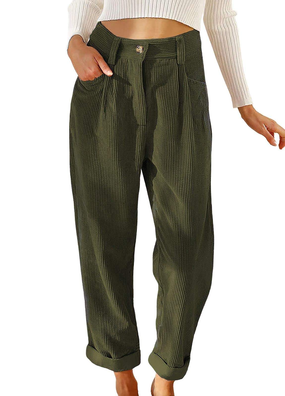 ebossy Womens Corduroy Pants Casual Loose Ribbed Straight Leg Boyfriend Trousers with Pockets