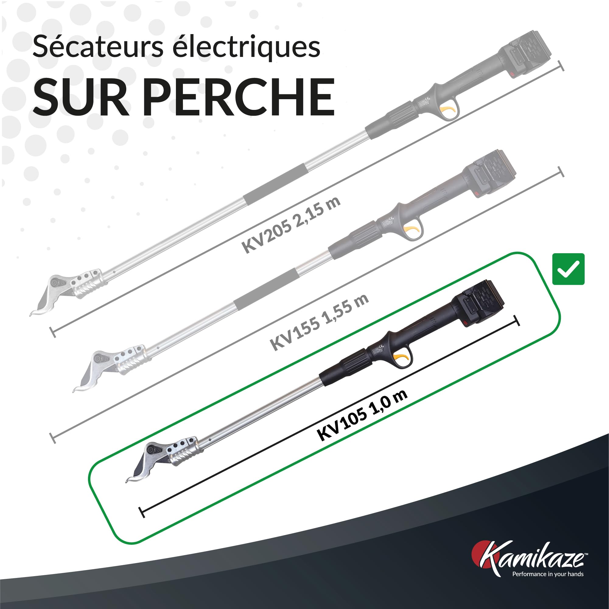 KAMIKAZE KV105. Perche d’élagage sans fil pour la taille en hauteur. Coupe Ø 38 mm. Longueur de la perche : 99 cm. Jusqu’à 8 heures d’autonomie. Comprend deux batteries lithium rechargeables.