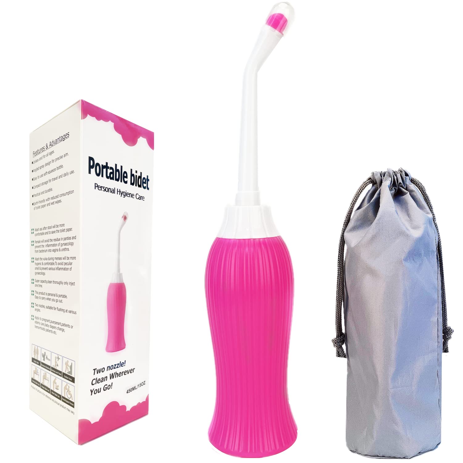 Portable Bidet Spray Handheld,450ML Water Capacity with 2pcsAngled Nozzle,Personal Bidet Sprayer for Ass Washing,Personal Hygiene Bathroom Aid,Pregnant Cleansing, Postpartum Clean, Pink
