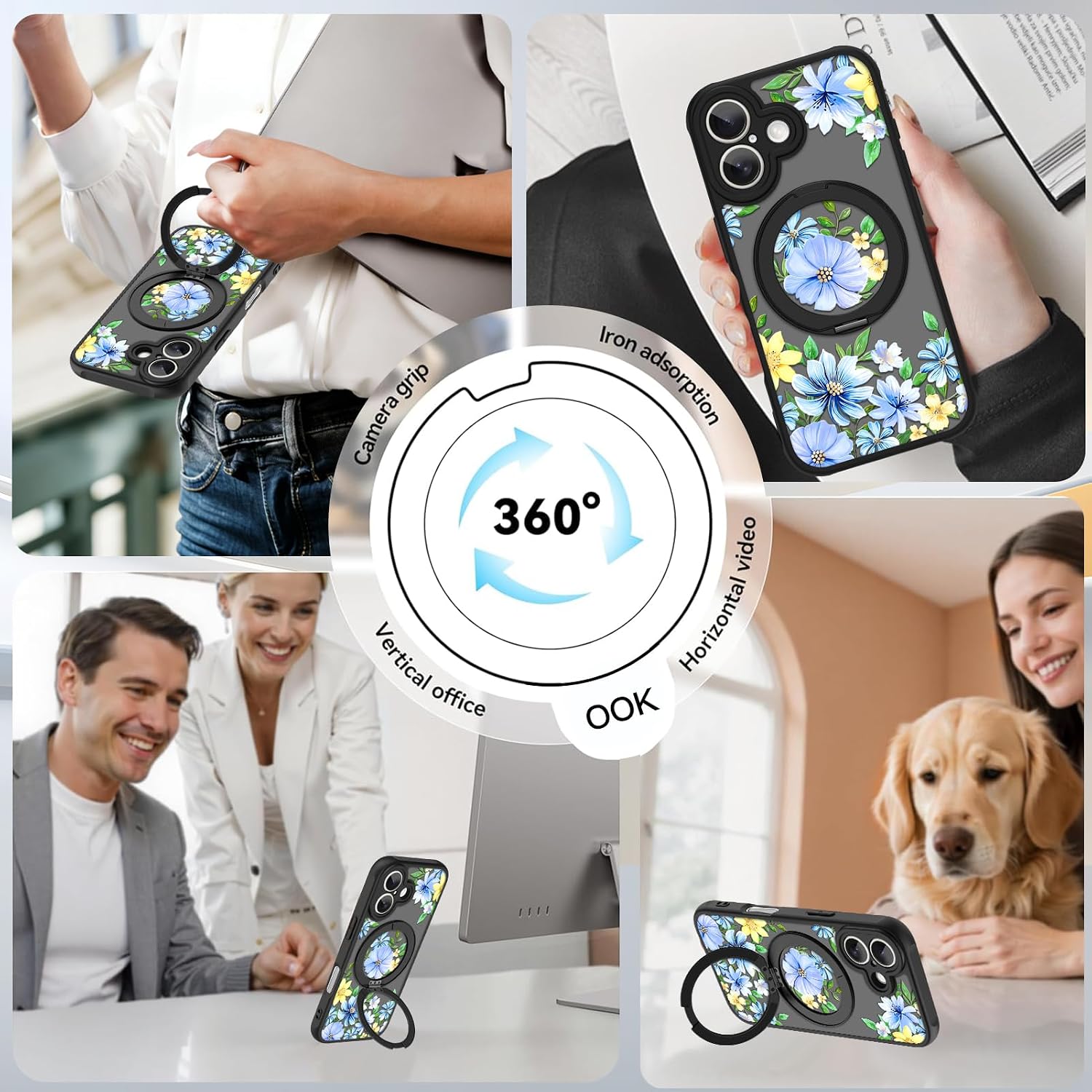 OOK for iPhone 17 Case with Kickstand (6.3") [360° Spin Stand][Wireless Charge Compatible] Slim Translucent Matte Black Cover Cute Floral Design Camera Protection with Screen Protector