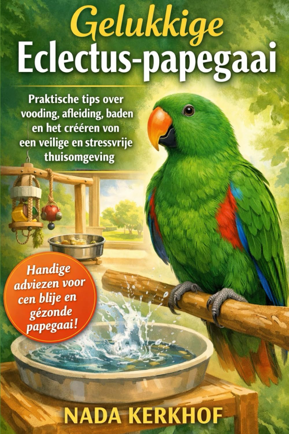 Gelukkige Eclectus-papegaai: Praktische tips over voeding, afleiding, baden en het creëren van een veilige en stressvrije thuisomgeving.