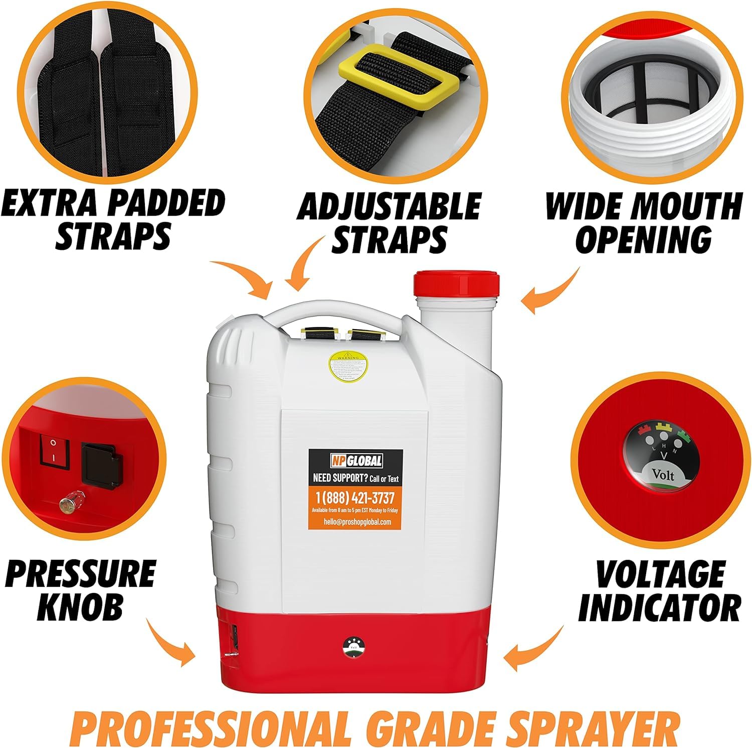 Opryskiwacz do plecaka, zasilany baterią, 8 dysz, butelka pomiarowa 240 ml, ciśnienie odcięcia 100 PSI, długa żywotność baterii, szeroki otwór, wysokociśnieniowy wąż natryskowy, blokada spustu, kontroler pokrętła ciśnieniowego