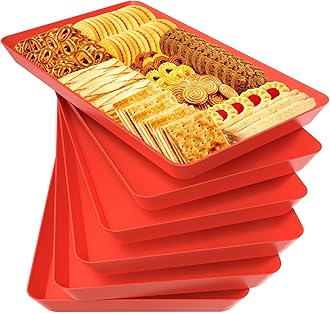 WOWBOX 6 pcs Serving Tray for Entertaining, Serving Platters for Snacks, Fruit, Cookies, Dessert, Reusable Plastic Trays for Serving Food and Pantry Organization in Kitchen & for Parties, (Red)