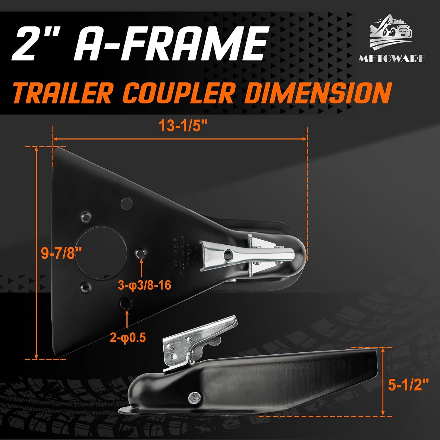 METOWARE A-Frame Trailer Coupler for 2" Ball 5000LBS Capacity, Class III Gloss Black Powder Coat