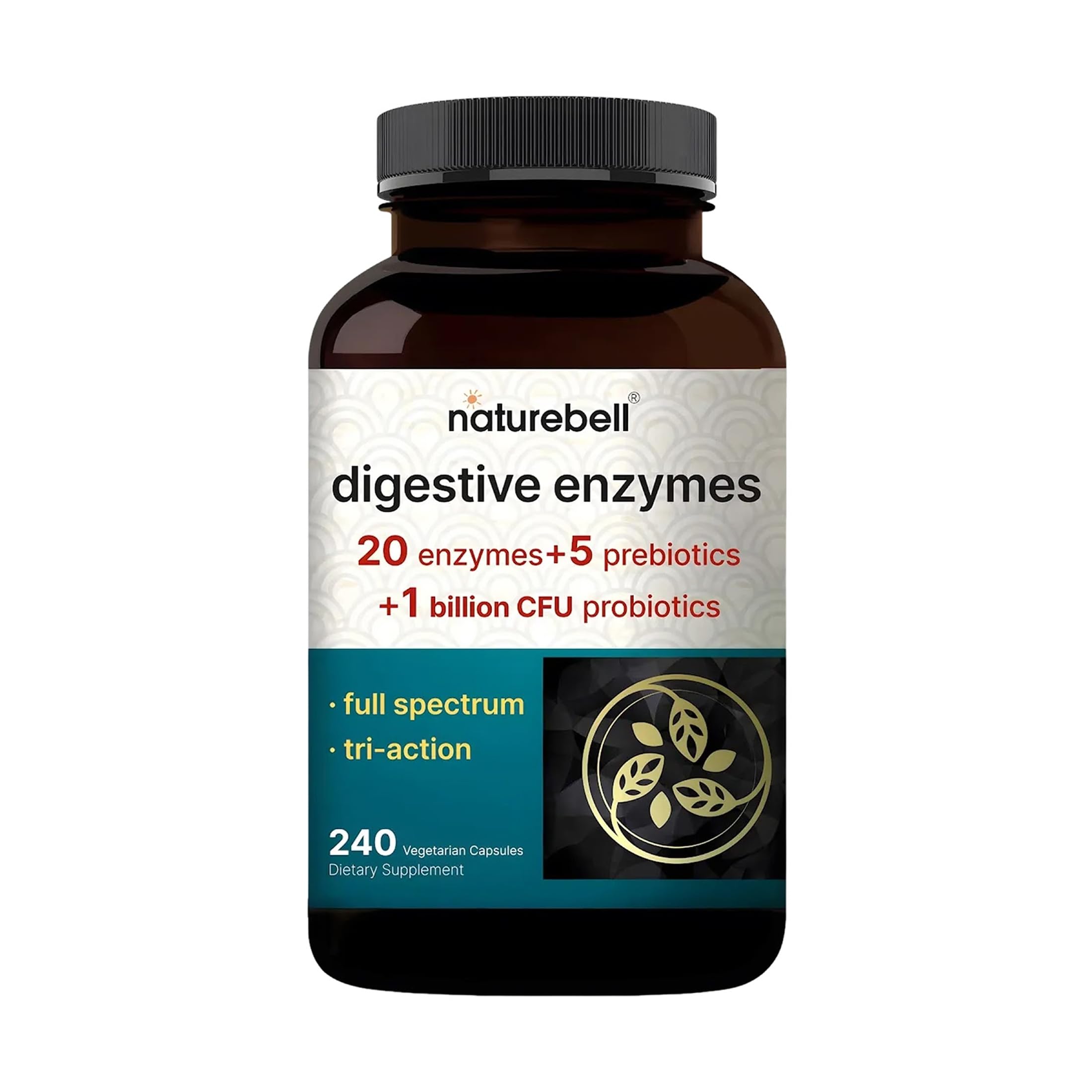 NatureBell Digestive Enzymes - 240 Capsules - Gut & Digestive Health Support Supplement* - with 20 Enzymes, 5 Prebiotics & 10-Strand Probiotic Blend