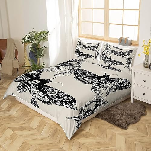 Miniatura 3 de Juego de funda de edredón de calavera, tamaño Queen, con estampado de polilla, estilo gótico, para adolescentes, niños, patrón de calavera de